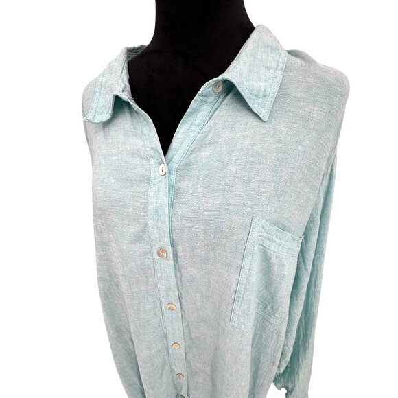 Susan Graver Womens Linen Blend Oversized Button Down Shirt 3X Aqua Blue Long Sl - Picture 1 of 8